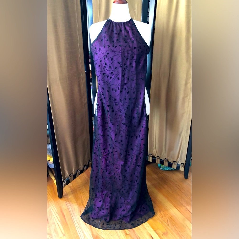 Plum Halter Maxi + Midi Dress w Subtle Black Leaf Motif +Jacket = 3 Piece Set